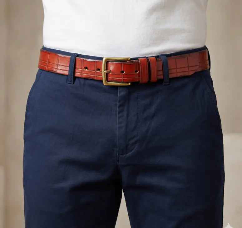 Navy pants with a red belt and gold buckle on a neutral background