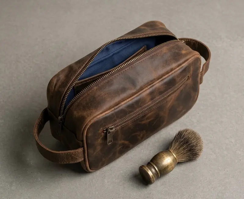 Brown leather dopp kit with a blue interior and a shaving brush on a gray background