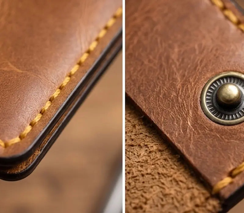 Close-up of a brown leather wallet with gold stitching and a metal button.