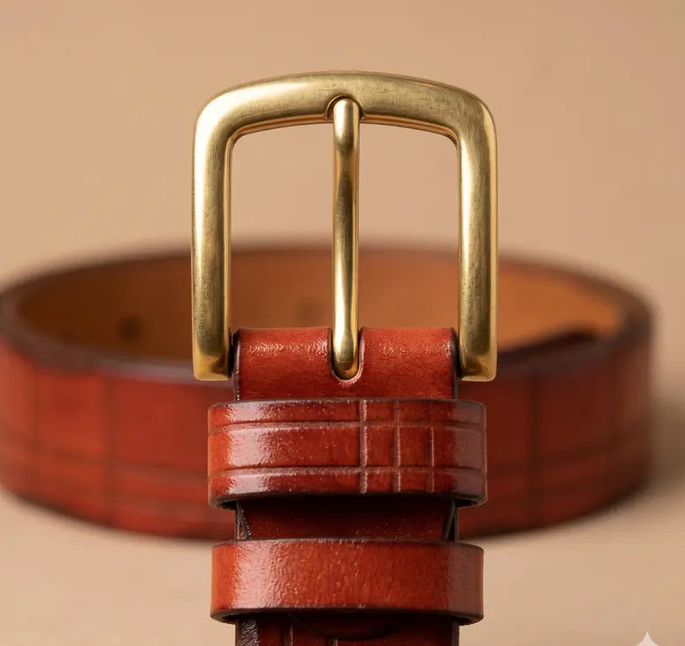 Brown leather belt with a gold buckle on a beige background