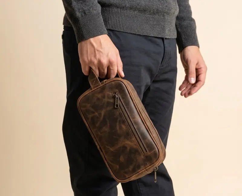 Person holding a brown leather toiletry bag against a beige background