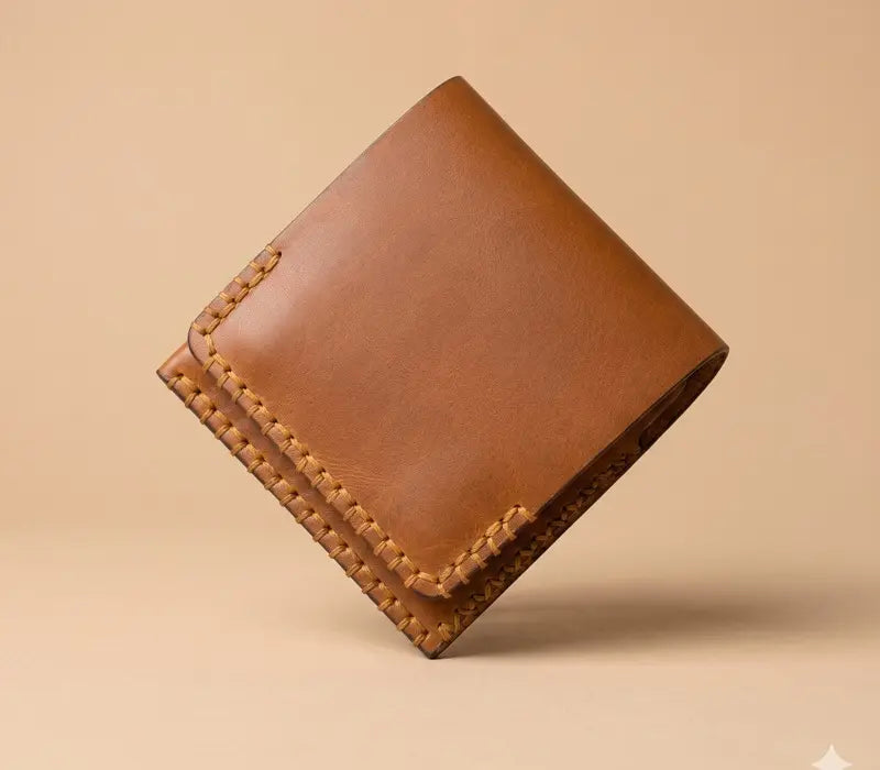 Brown leather wallet on a beige background