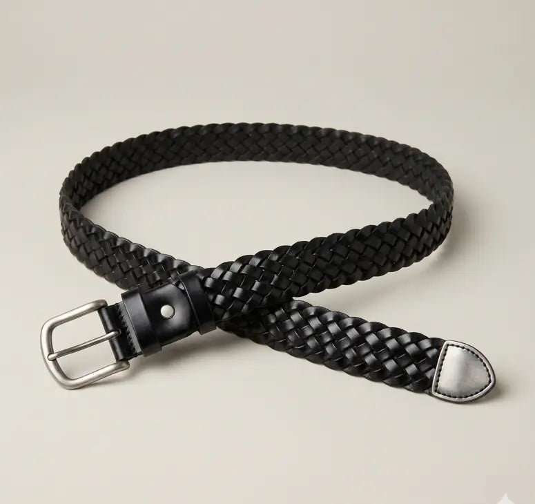Black braided belt with a silver buckle on a beige background