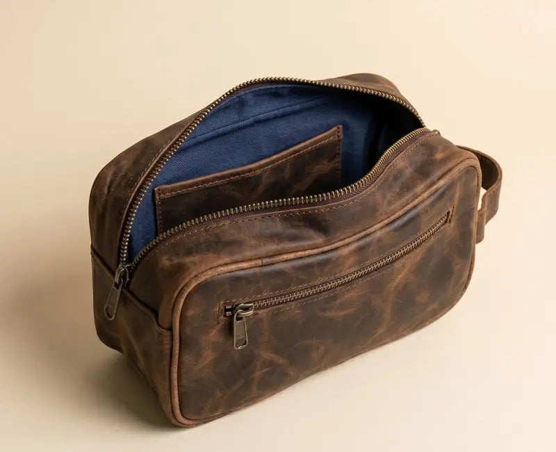Brown leather toiletry bag with blue interior on a beige background