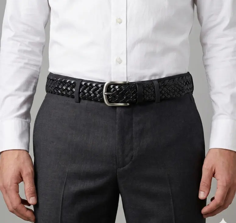 Person wearing a white shirt, black pants, and a black woven belt on a gray background