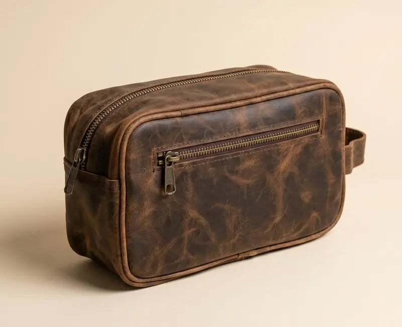 Brown leather toiletry bag with zipper on a beige background