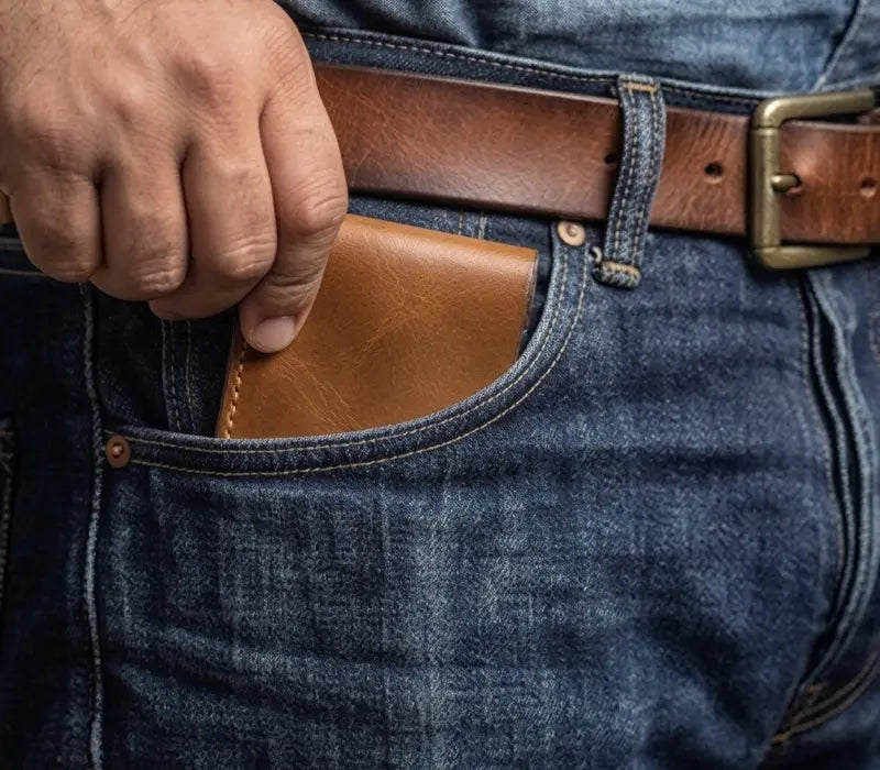 Brown leather wallet in a blue denim pocket with a brown belt.