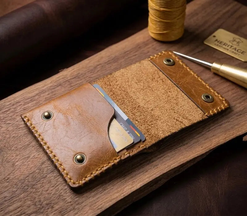 Brown leather wallet with card holder on a wooden surface
