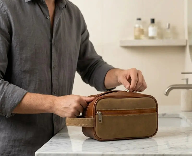 Person opening a brown toiletry bag on a marble countertop.