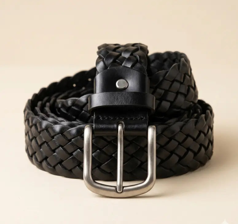 Black woven belt with a silver buckle on a beige background