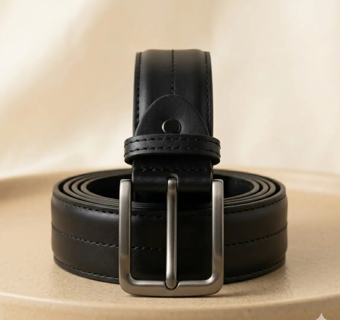 Black leather belt with a silver buckle on a beige surface