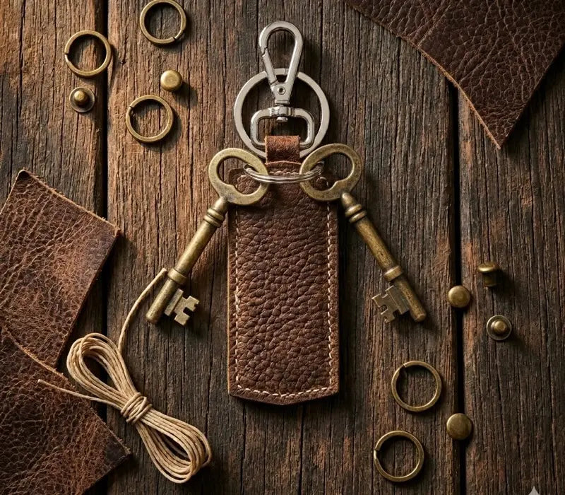 Vintage-style keychain with keys and leather strap on a wooden surface