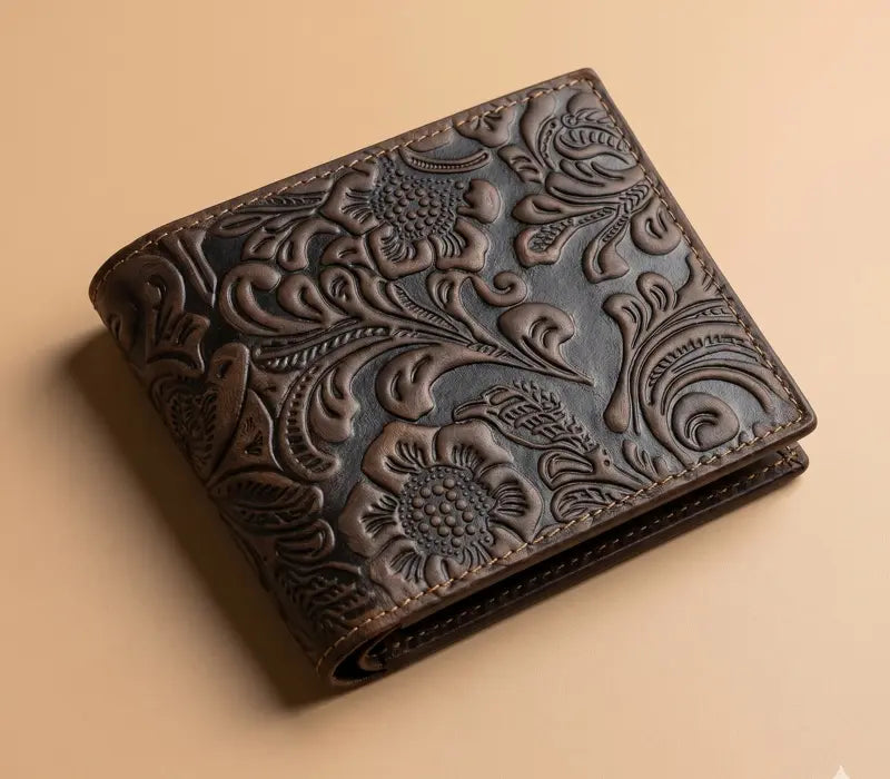 Brown leather wallet with floral embossing on a beige background