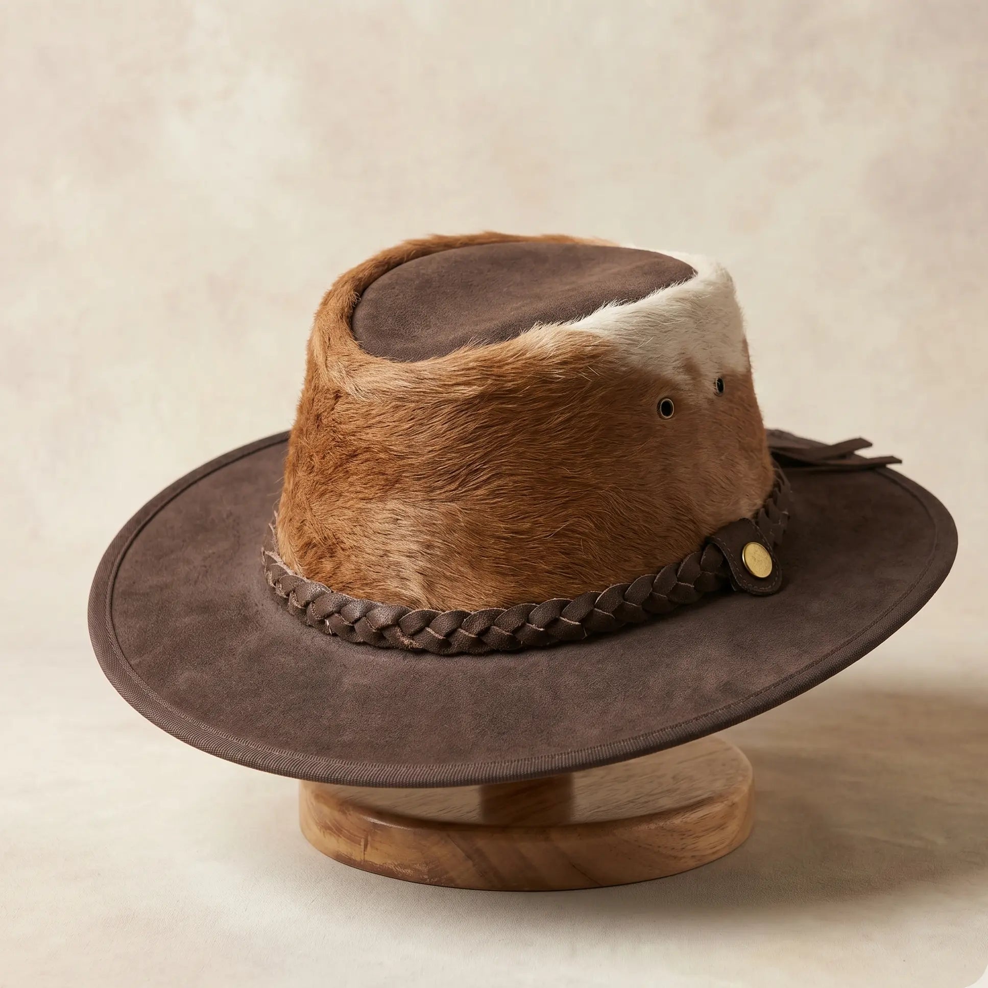 Brown leather hat with fur brim on a beige background