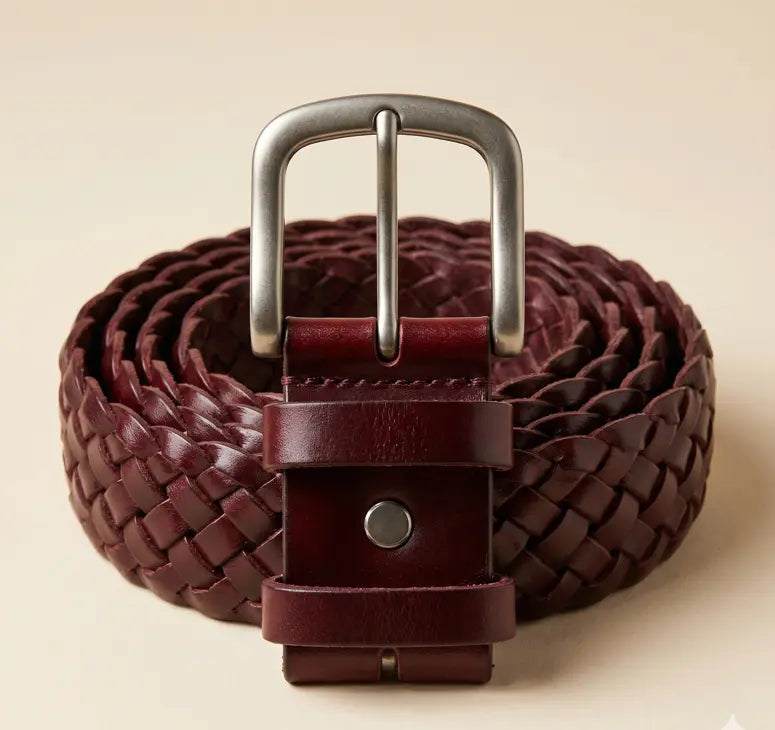 Woven leather belt with a metal buckle on a beige background