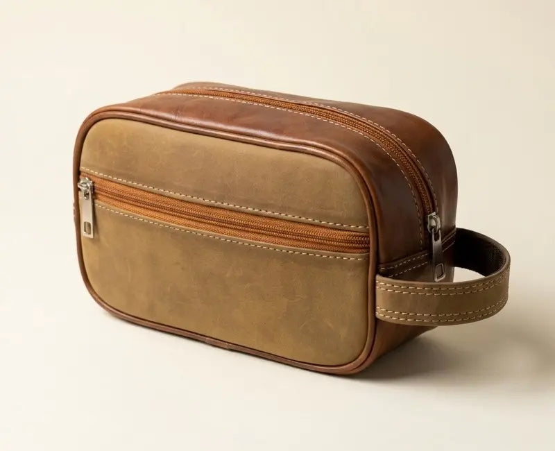Brown leather toiletry bag with a handle on a beige background