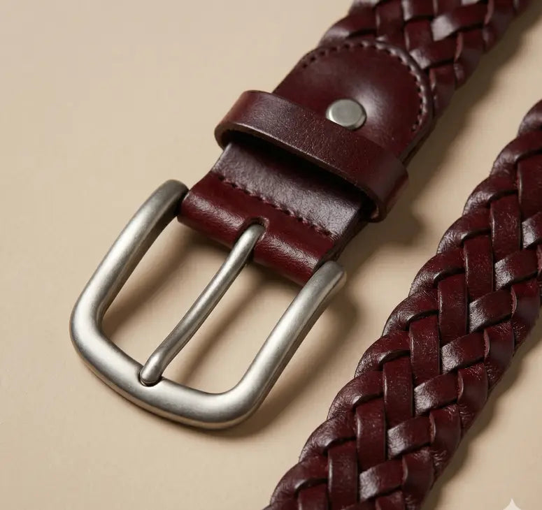 Brown leather belt with braided design and silver buckle on a beige background