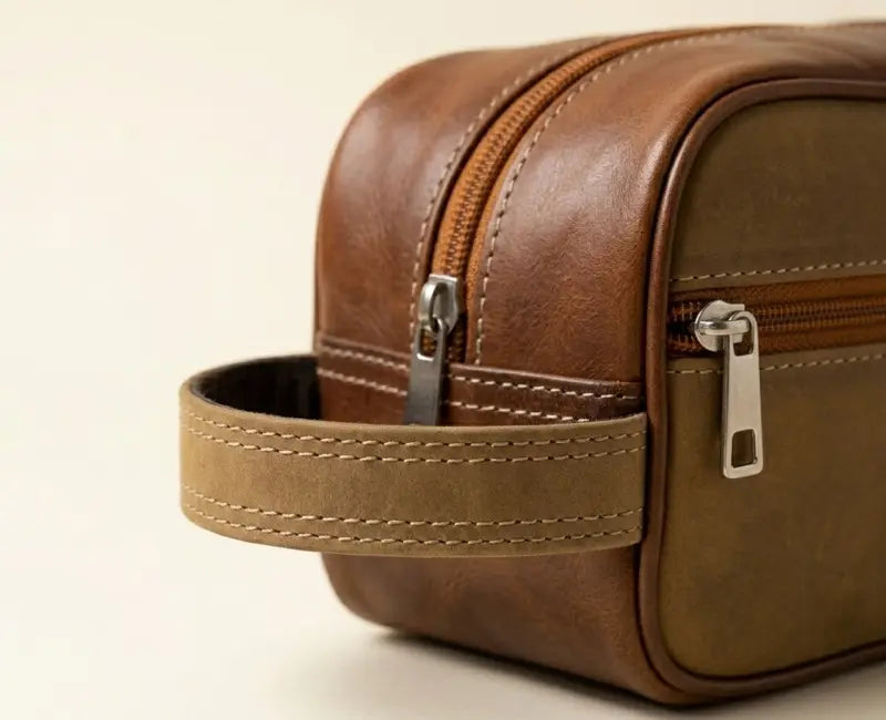 Brown leather toiletry bag with zippers on a beige background