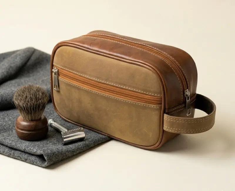 Brown leather toiletry bag with shaving brush and razor on a gray towel