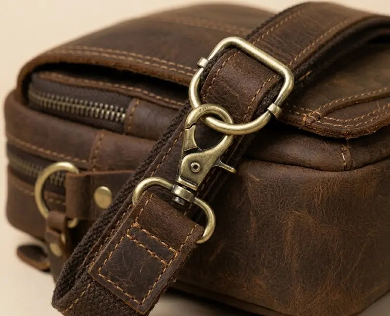 Close-up of a brown leather bag with gold hardware on a beige background
