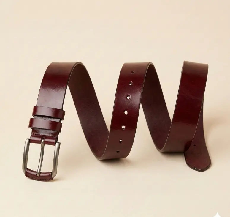 Brown leather belt with a silver buckle on a beige background