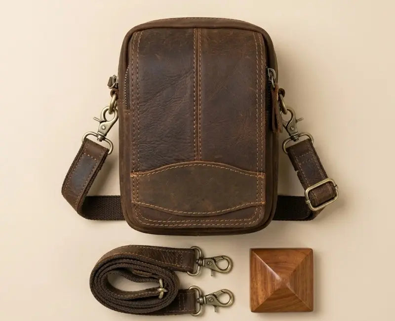 Brown leather crossbody bag with detachable strap on a beige background