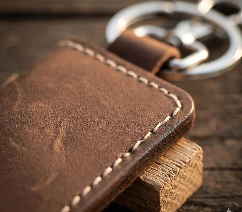 Brown leather keychain with metal keyring on a wooden surface