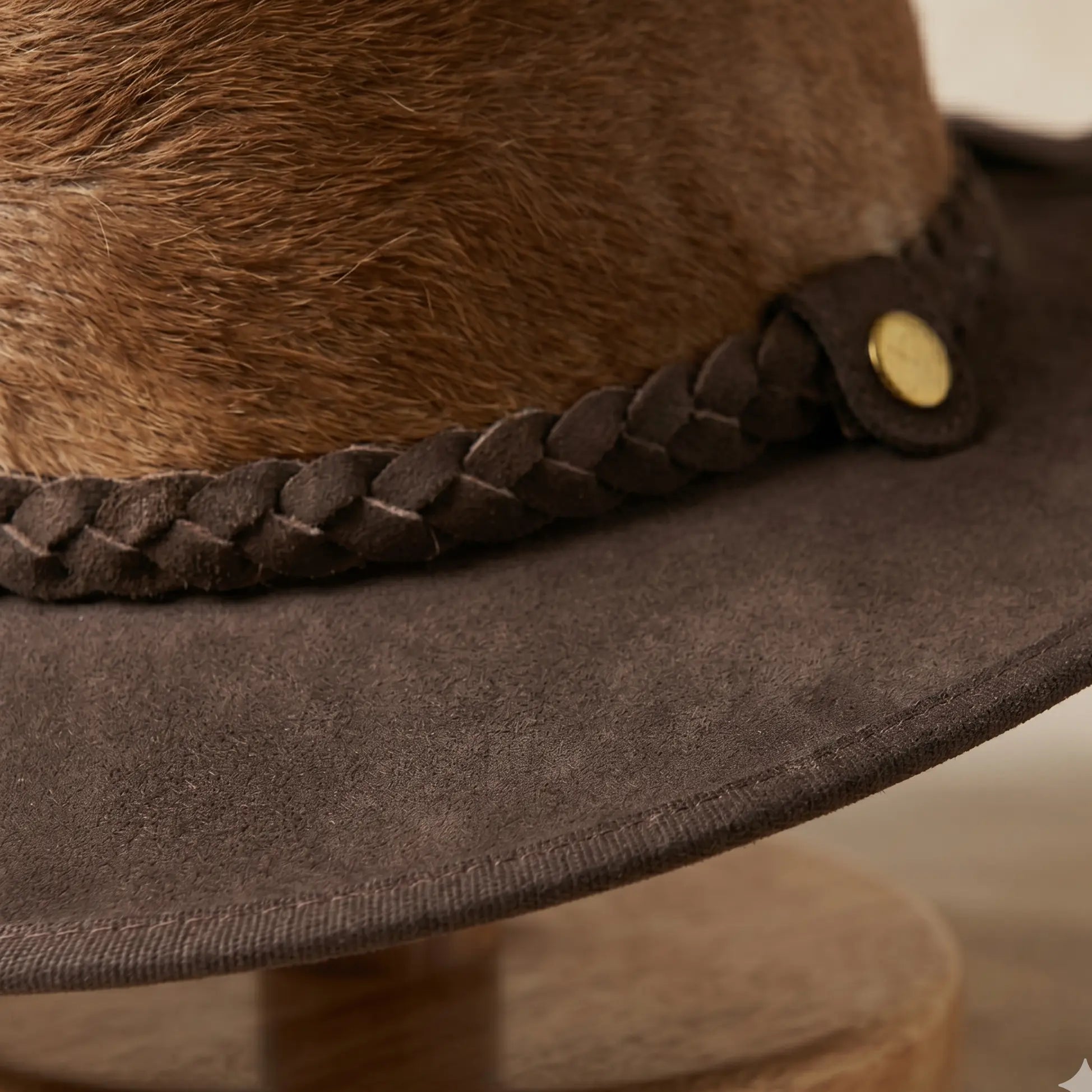 Brown cowboy hat with braided leather band and gold button on a neutral background
