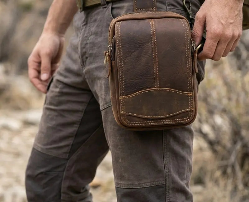Brown leather waist bag worn by a person in an outdoor setting