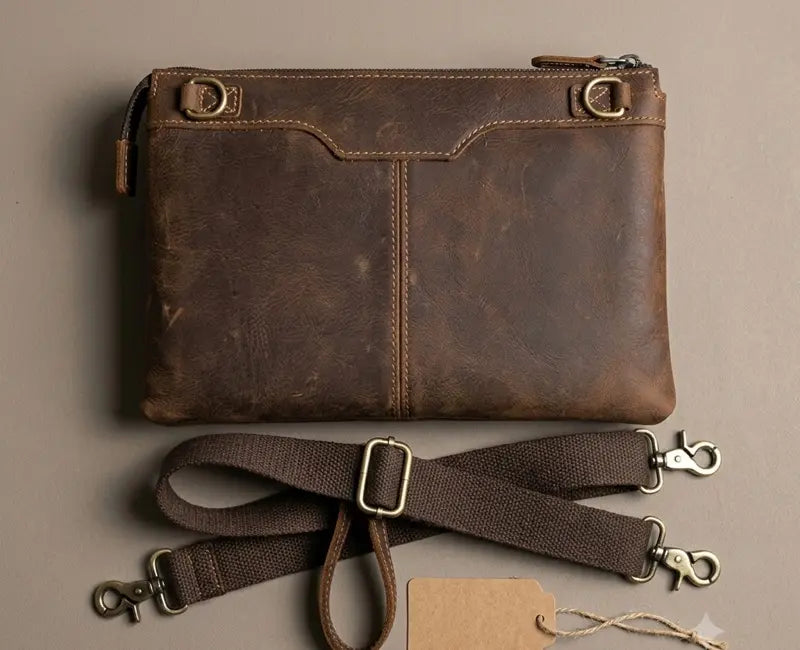 Brown leather bag with strap on a beige background
