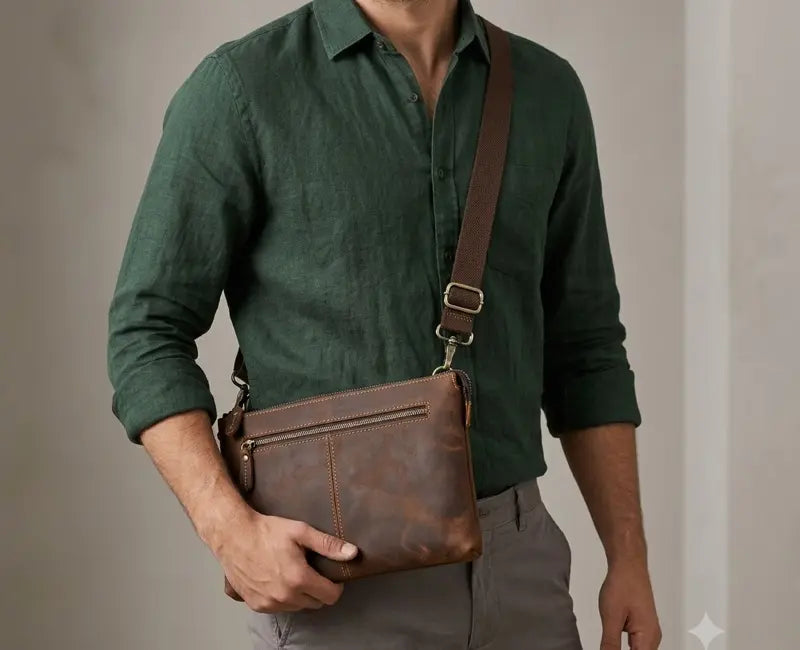 Man wearing a green shirt holding a brown leather bag against a neutral background