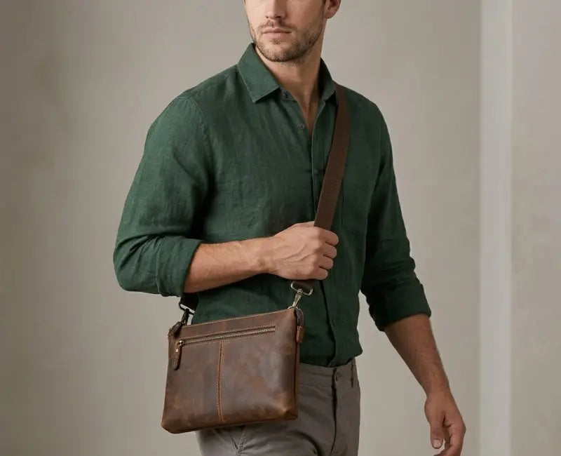 Man wearing a green shirt holding a brown leather bag against a neutral background
