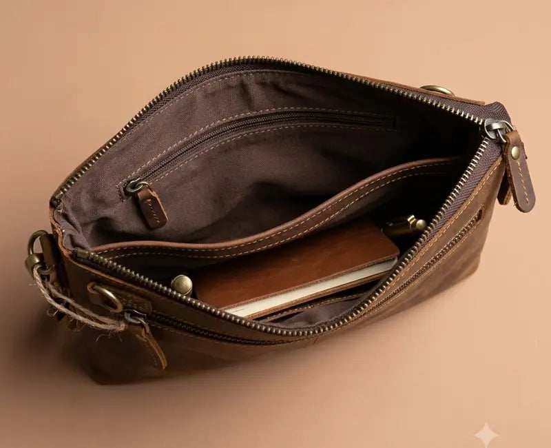 Brown leather bag with a zipper on a beige background