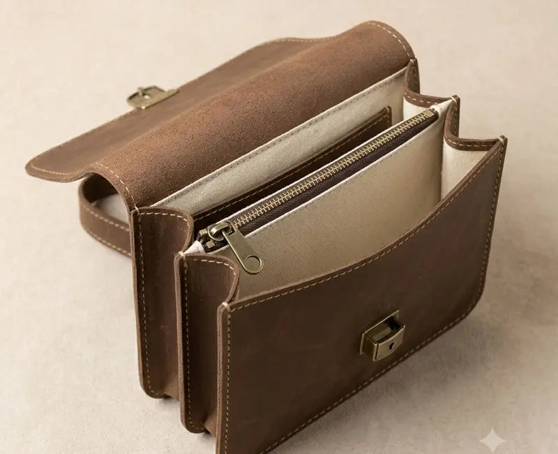 Brown leather bag with a zipper on a beige background
