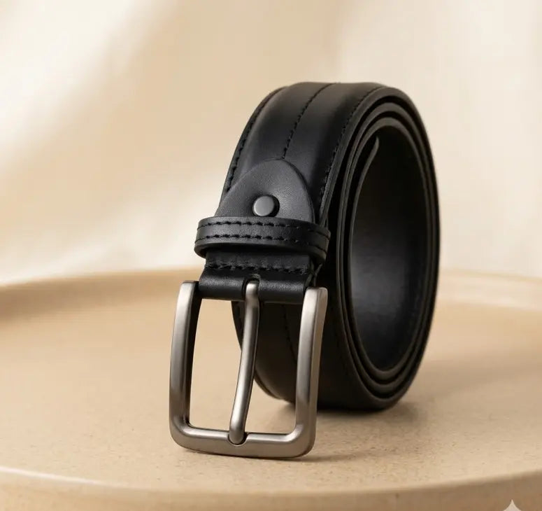 Black leather belt with silver buckle on a beige background