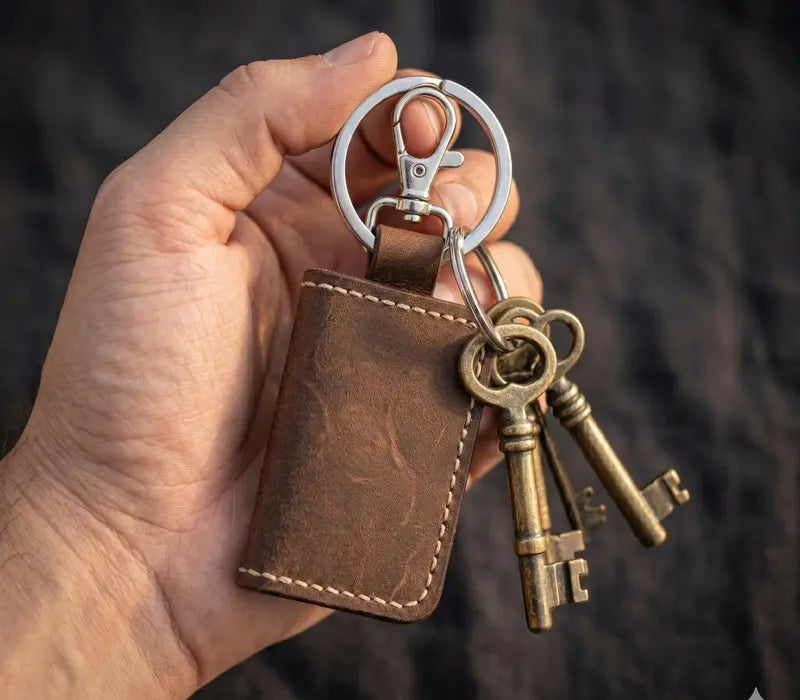 Hand holding a brown leather keychain with vintage keys against a dark background