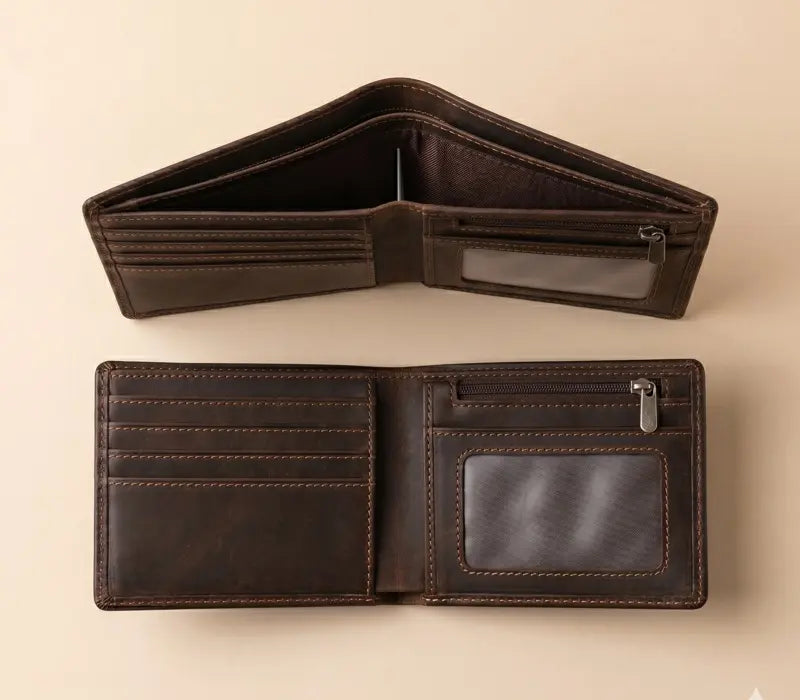 Brown leather wallet on a beige background