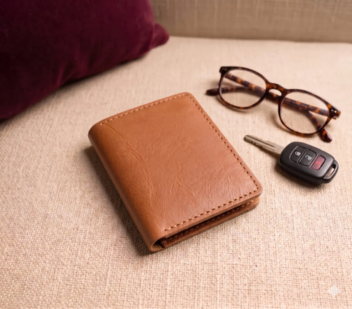 Tan full-grain handmade leather card holder with eight open card slots on a beige background